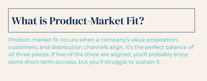 A slide titled ‘What is Product-Market Fit?’ defines product-market fit as the alignment of a company’s value proposition, customers, and distribution channels. It emphasises that achieving balance in all three areas is key to long-term success, whereas partial alignment may only result in short-term gains.